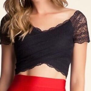Bebe Cap Sleeve Black Lace Crop Top XS Y2K